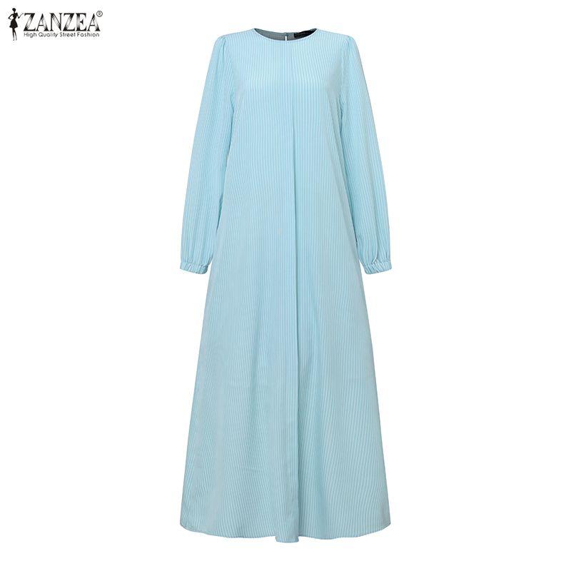ZANZEA Women Casual Round Neck Loose Long Sleeve Stripe Dress