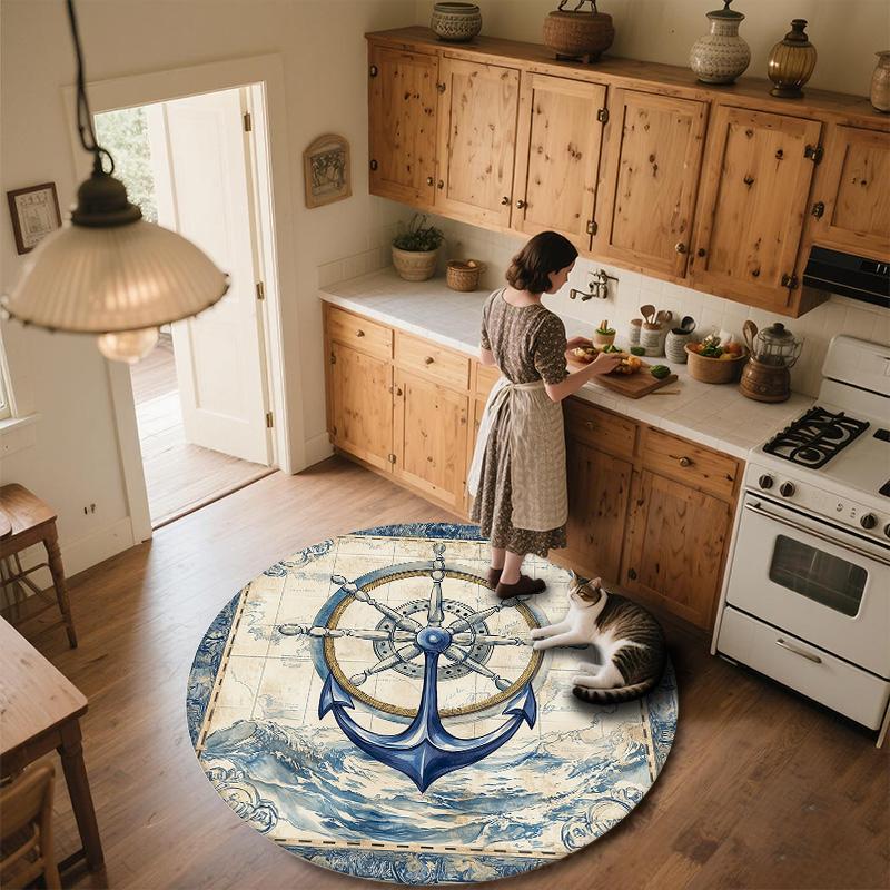 Anchor and Ship's Wheel,Round Area Rug,Carpet Rug for Living Room Bedroom Sofa Playroom Decor,Non-slip Floor Mat