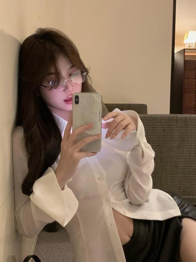 Schlanke ausgestellte Ärmel Damen Hemd solide Revers einreihige Rücken Bandage Tunika Frühling weibliche Blusen