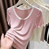 Women's Lace Trim V-Neck T-Shirt Soft Modal Short Sleeve Top
