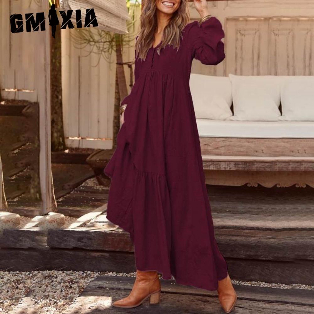 GMXIA Women's Cotton Maxi Dress Long Sleeve Ruffle Pocket V Neck