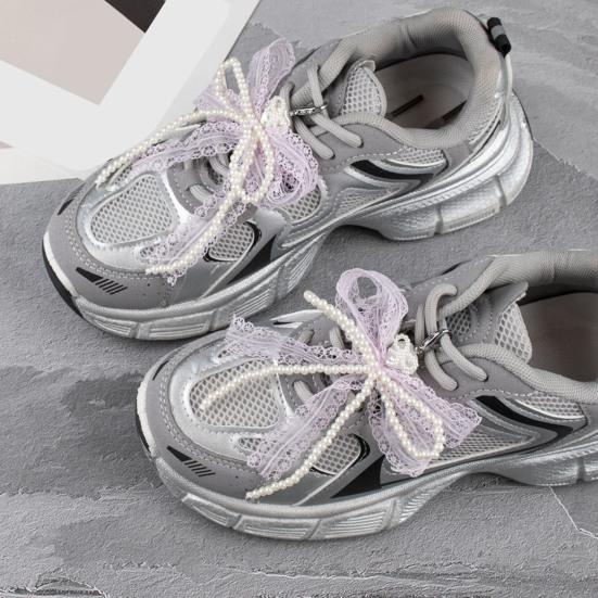 Lace Bow Shoe Charm for Sneakers Faux Pearls Beaded Bowknot Removable Bow Charm Accessory for Women Girls Shoes Bags Keychains