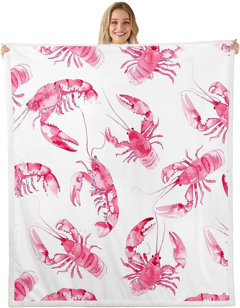 Red Lobster Pattern Blanket Soft Fleece Throw Seafood Theme Decor Fun Gift for Kitchen Living Room Bedroom