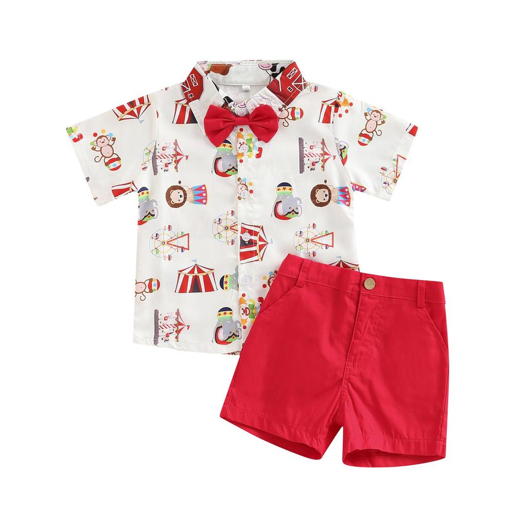 Toddler Kids Boys 2 Pieces Outfits, Farm/Circus Cartoon Animal Print Short Sleeve Shirts with Bow Tie + Solid Color Shorts Set