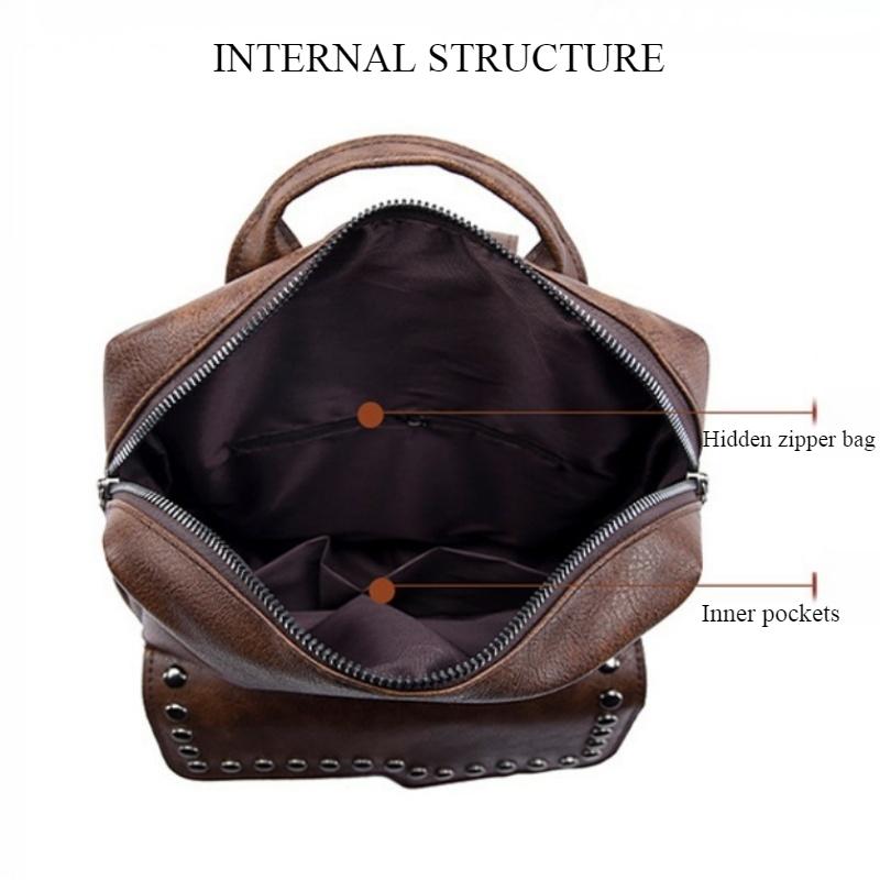 European and American Retro Versatile Women's Backpack High Quality Soft PU Leather College Student Rucksack Trendy Fashion Rivet Outdoor Travel Bag