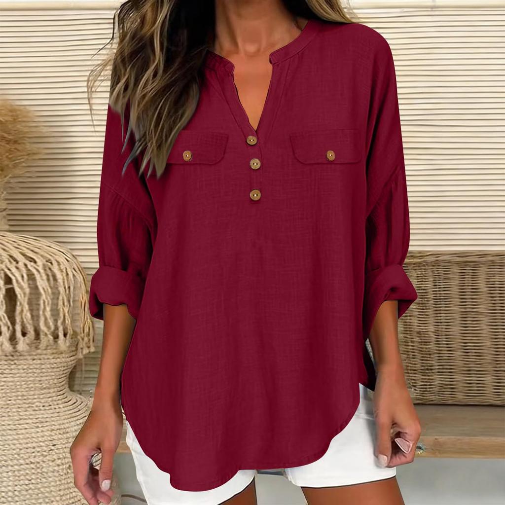 Women's Fashionable V-Neck Casual -Color Button-Down Cotton-Linen Loose-Fit Top