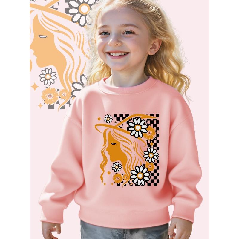Kids Crewneck Sweatshirt, Retro Floral Whimsy Cute Graphic Print, Soft Comfort Long Sleeve Casual Pullover