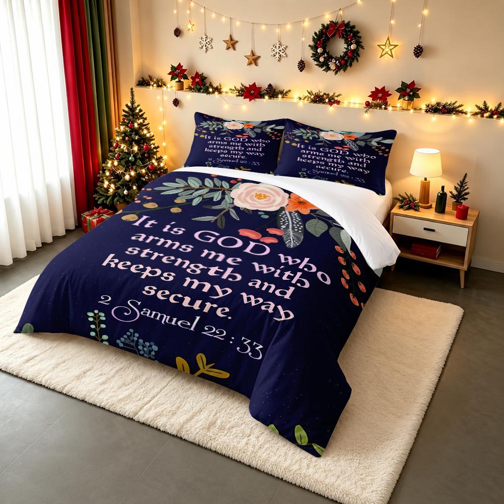 Bible Verse Floral 2 Samuel Bedding set (1 duvet cover, 2 pillowcases, duvet not included), Navy Pink Scripture Quote Art Print