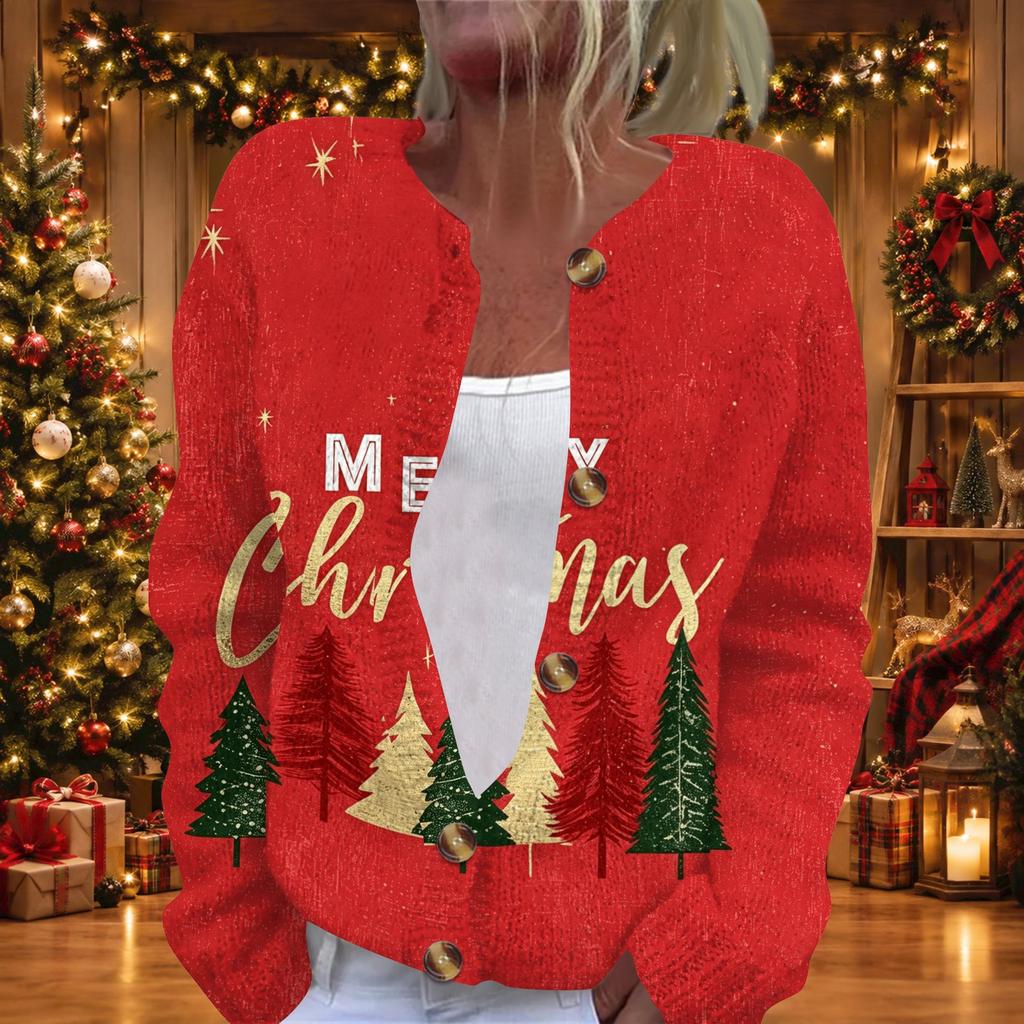 Women's Christmas Print Long Sleeve Knit Cardigan, Button Front Holiday Sweater