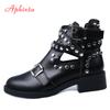 Fashion Aphixta Rivets Black Ankle Women Boots Faux Leather Booties Metal Buckle Straps Square Heel Studded Woman Boots Motorcycle Shoes