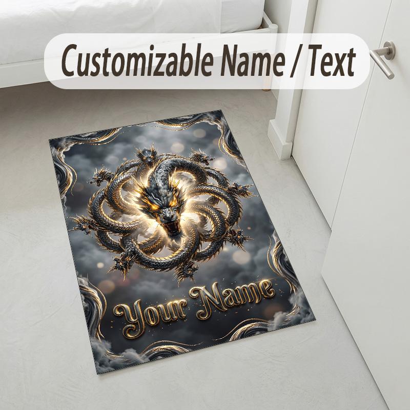 Dragon Phoenix Theme Crystal Velvet Rug Personalized Custom Name Text Soft Floor Mat Home Decor