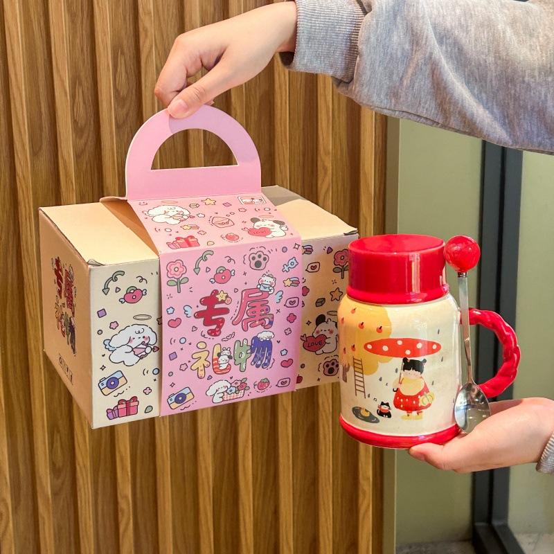 Cute retro kettle high value boys and girls ceramic mug with lid large capacity water cup birthday gift practical