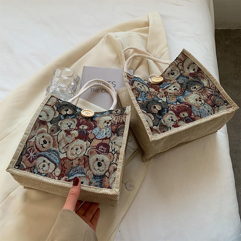 Linen Tote Bag, Linen Bag, Student Hand Carry Out Lunch Box Bag, Cute Cartoon Canvas Small Satchel.