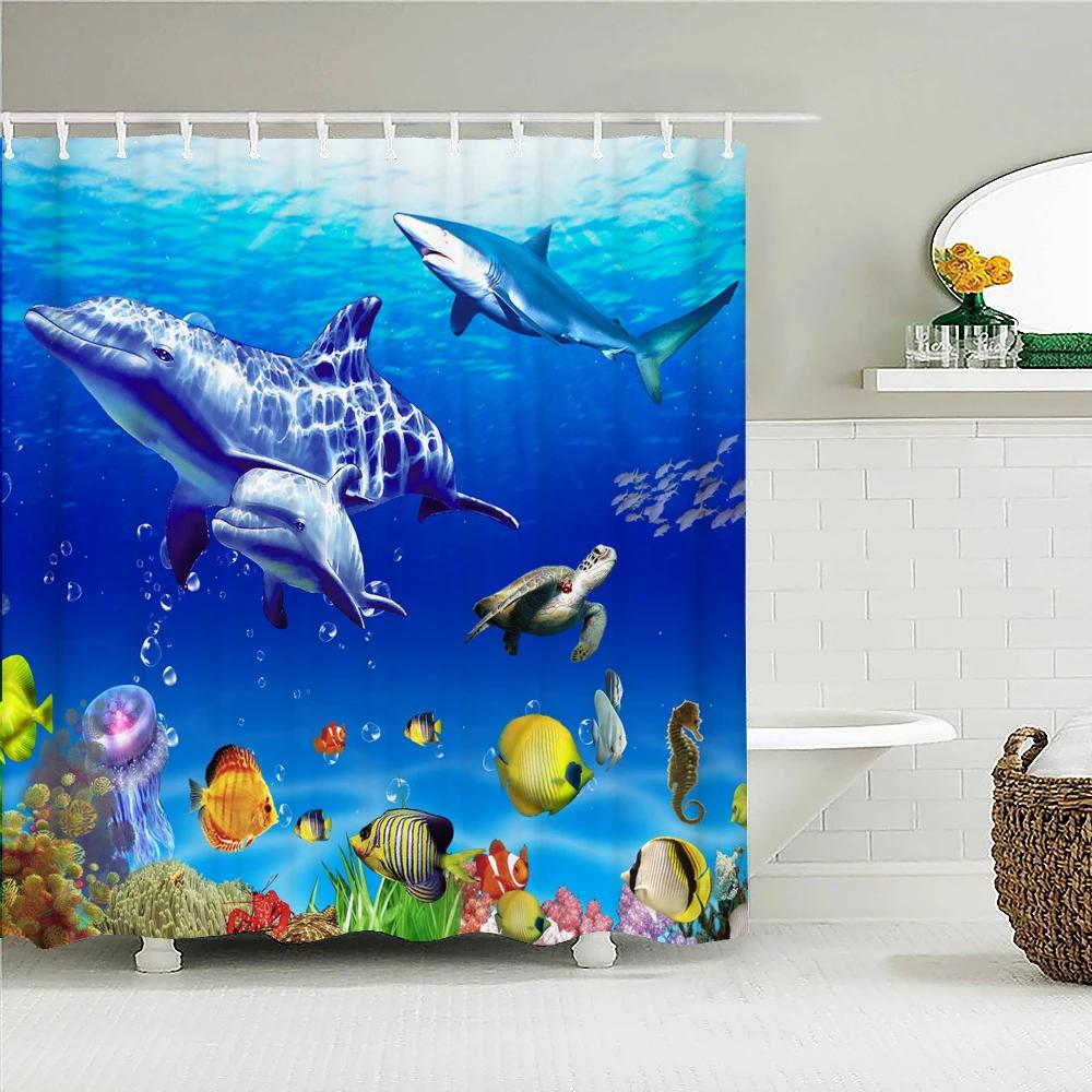 

Underwater World Fish Turtle 3d Shower Curtains Ocean Dolphin Sea Scenery Fabric Waterproof Bath Curtain Bathroom Decor Screen W180xH200cm