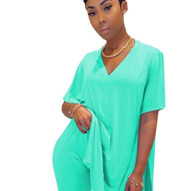 

Wy6678 Special Women s Clothing Fashion Fashion Casual Pure Color V-neck Batwing Sleeve Split Tops Shorts Two-piece Set Turquoise XXXL