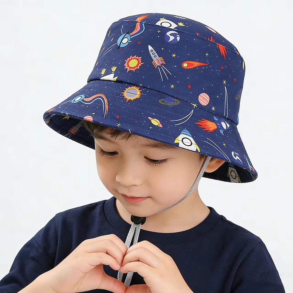 Kids Summer Sun Protection Cap Spaceship Planet Print Bucket Hat Wide Brim Fisherman Hats Boys Girls Outdoor Beach Basin Caps