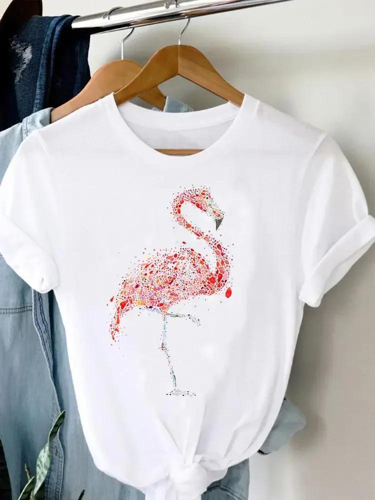 2025 New Watercolor Lovely Flamingo Women Short Sleeve Fashion Summer Top Casual Trend Tshirt Travel Graphic T-Shirt Lady Tee