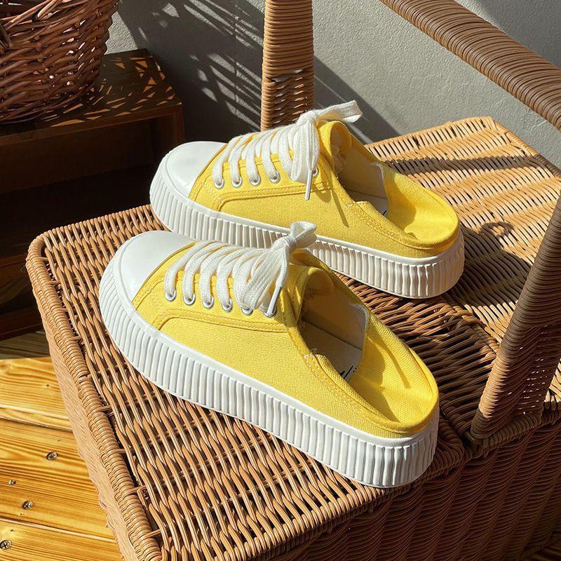 One Pair of Shoes for Two Uses Thick Bottom Heightened Easy Wear Shoes Women's Spring New Canvas Shoes Ins Trendy Lazy Biscuit Shape Shoes