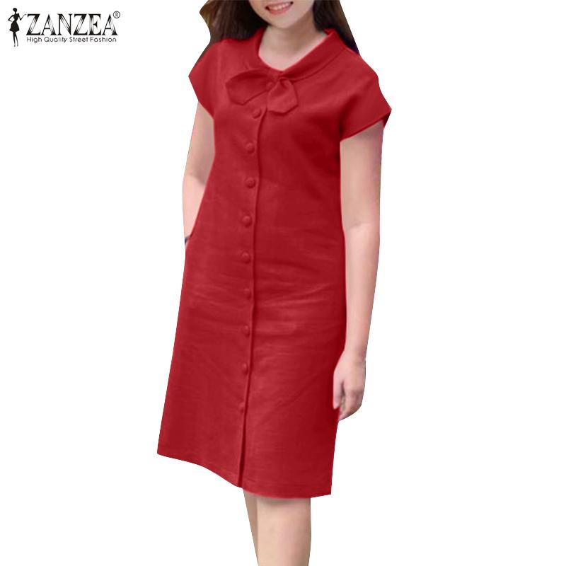 ZANZEA Women Casual Bow Tie O-neck Summer Short Sleeve Dress
