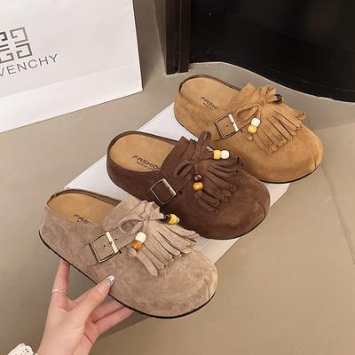 Mocassins à pompons style rétro pour femmes automne 2025 nouveaux à semelle plate paresseux boucle de ceinture perlés pantoufles mates