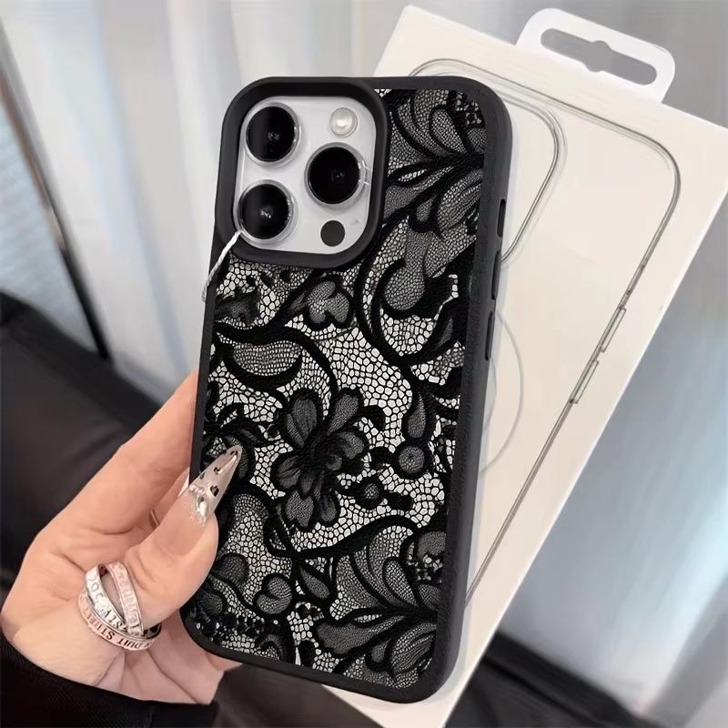 Custodia per Telefono Nera con Pizzo e Motivo Litchi per iPhone 17 Pro Max 16 Plus 15 14 13 12 11 XS XR X 1 Air Cover Morbido in Silicone Antiurto