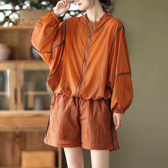 

2 шт./компл., женское пальто, шорты, комплект с застежкой-молнией, с капюшоном и длинными рукавами, свободный топ на шнурке, эластичная резинка на талии, короткие штаны, спортивный костюм, повседневная спортивная одежда