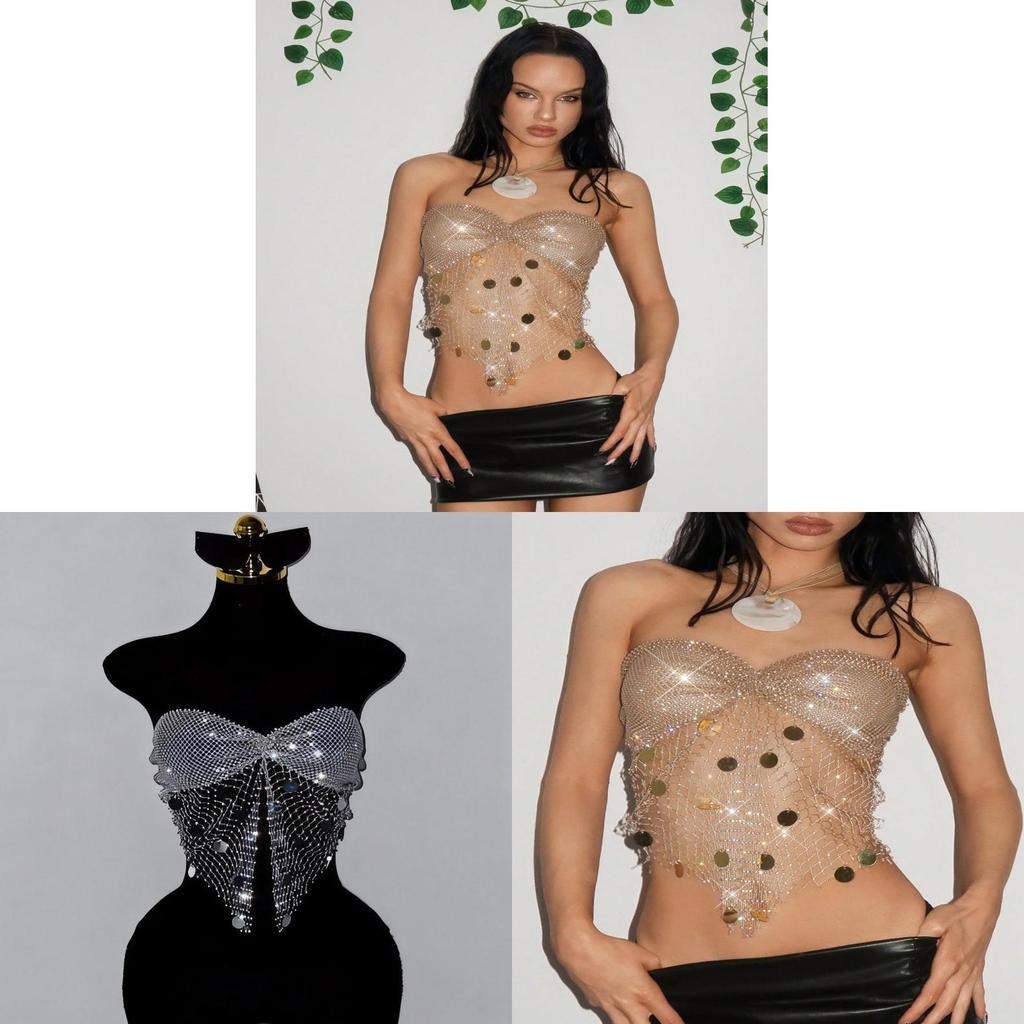 Sexy Mujer Geometric Sequin Mesh Crop Top For Nightclub And Music Festival
