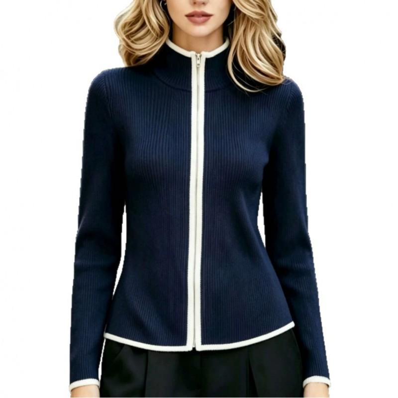 Damen Halbrollkragen Colorblock Besatz Reißverschluss Strick Cardigan Kurzer Mantel Elegante Bürokleidung
