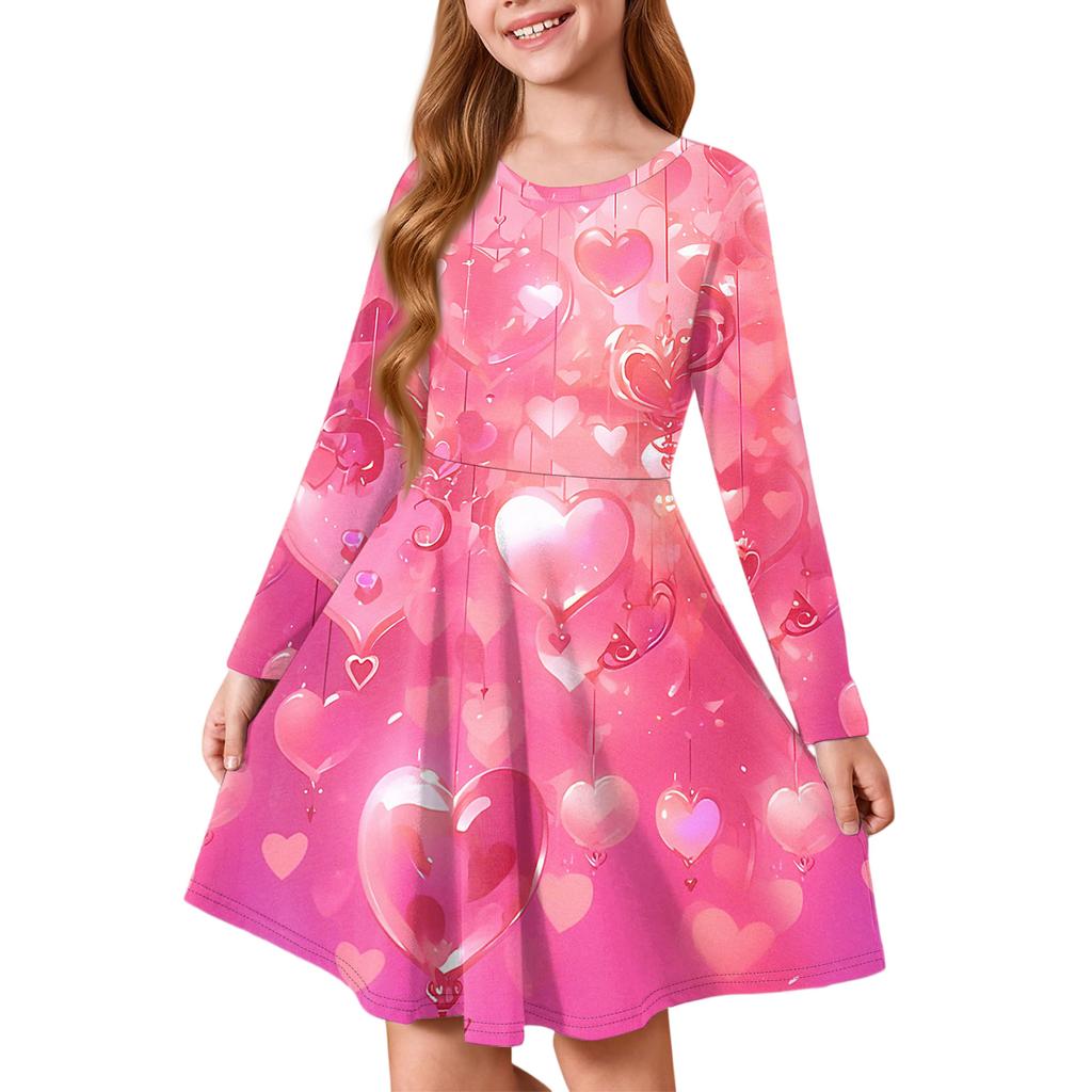 Letnia sukienka księżniczki dla dziewczynek - Sukienka T-shirtowa A-line z długim rękawem Walentynki