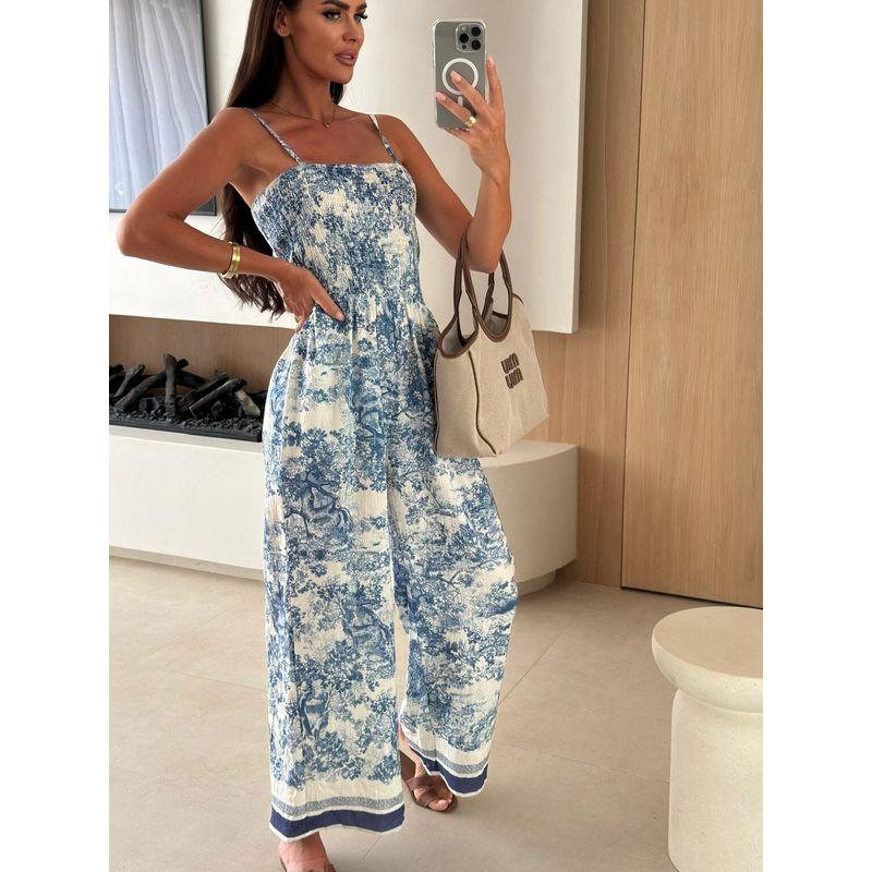 European and American New Print off-the-Shoulder Collar Waist Hugging Pocket Fashion Grab Sling Jumpsuit Cropped Pants Jumpsuits