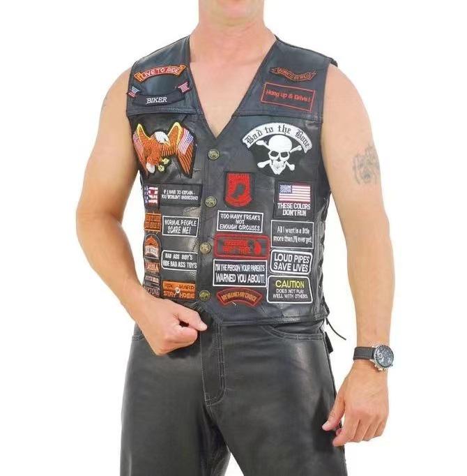 Chaleco de Cuero Patchwork Americano Harley para Hombre para Ciclismo con Parches Bordados, Talla 42