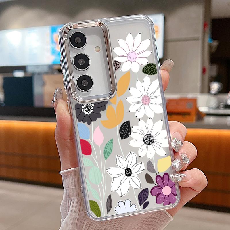 White Flower Pattern Case For Samsung S26 S25 Ultra S24 FE S23 Plus S22 S21 A15 A16 A17 A35 A36 A37 A54 A55 A56 A57 5G Plating Lens Soft Cover