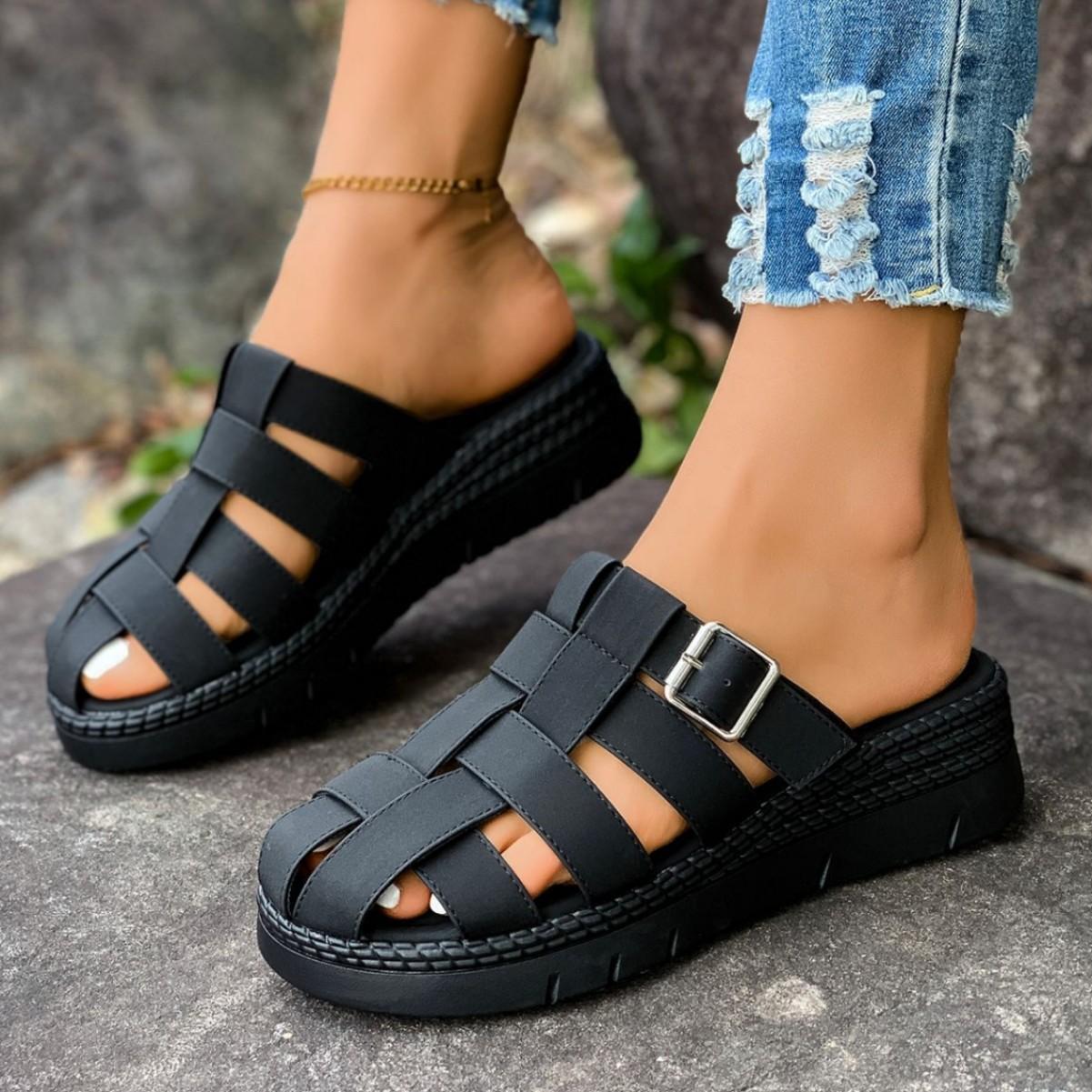 

Hollow Out Slippers Female Large Size Summer New Thick Bottom Slope With 43