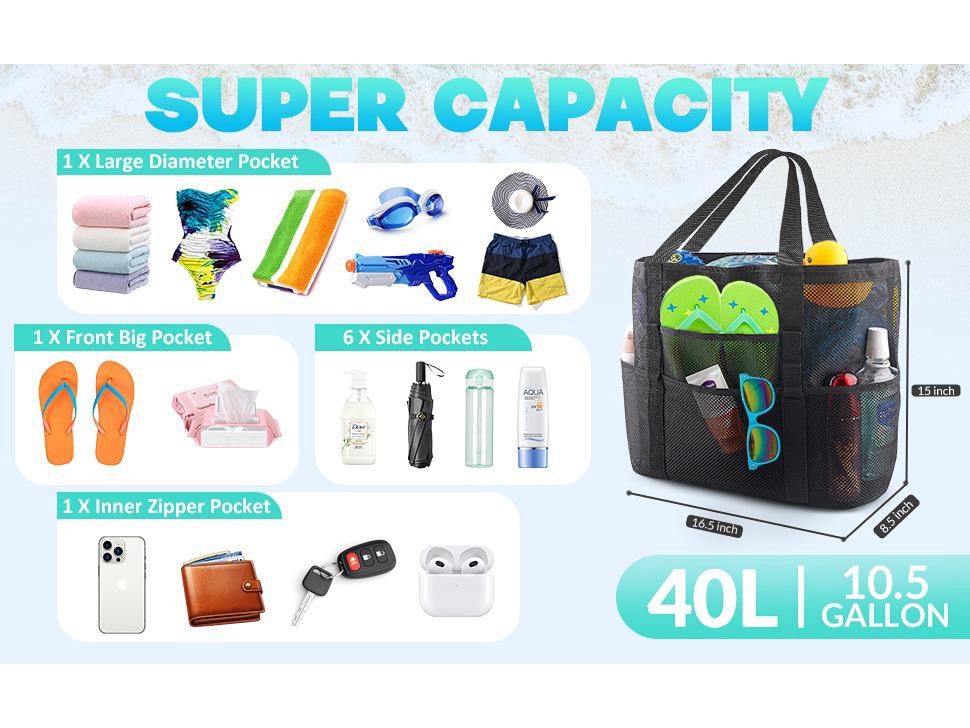 Borsa da Spiaggia in Rete Multicolore con Tasche Multiple - Ideale per Costumi da Bagno e Essenziali da Viaggio