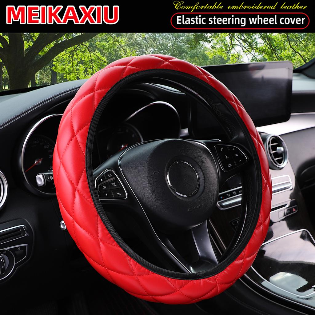 1 artificial comfort fine grained soft PU leather embroidered three-dimensional stretch car steering wheel cover for 14.5-15 in