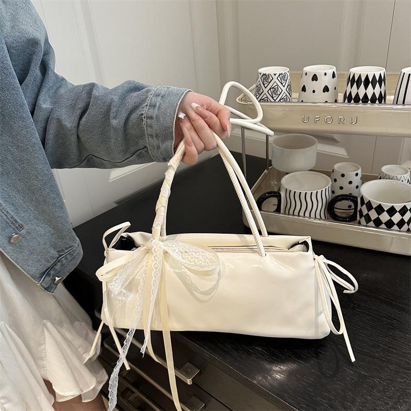 2025 New Oil Wax Leather Bowknot Baguette Bag for Women - Spring/Summer Fashion Simple Texture Underarm Shoulder Bag