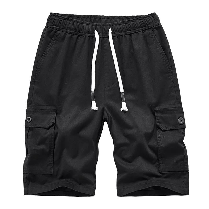 2026 Men Cotton Cargo Shorts Men Elastic Waist Solid Loose Casual Shorts Men Jogger Multi Pocket Knee Length Short Pants 30-42