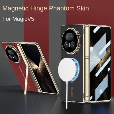 Vergoldeter Rahmen Leder-Scharnierhalterungen Stützen Eingebauter Magnetring Glasgehäuse für Honor Magic V5 Linsenschutz Abdeckung