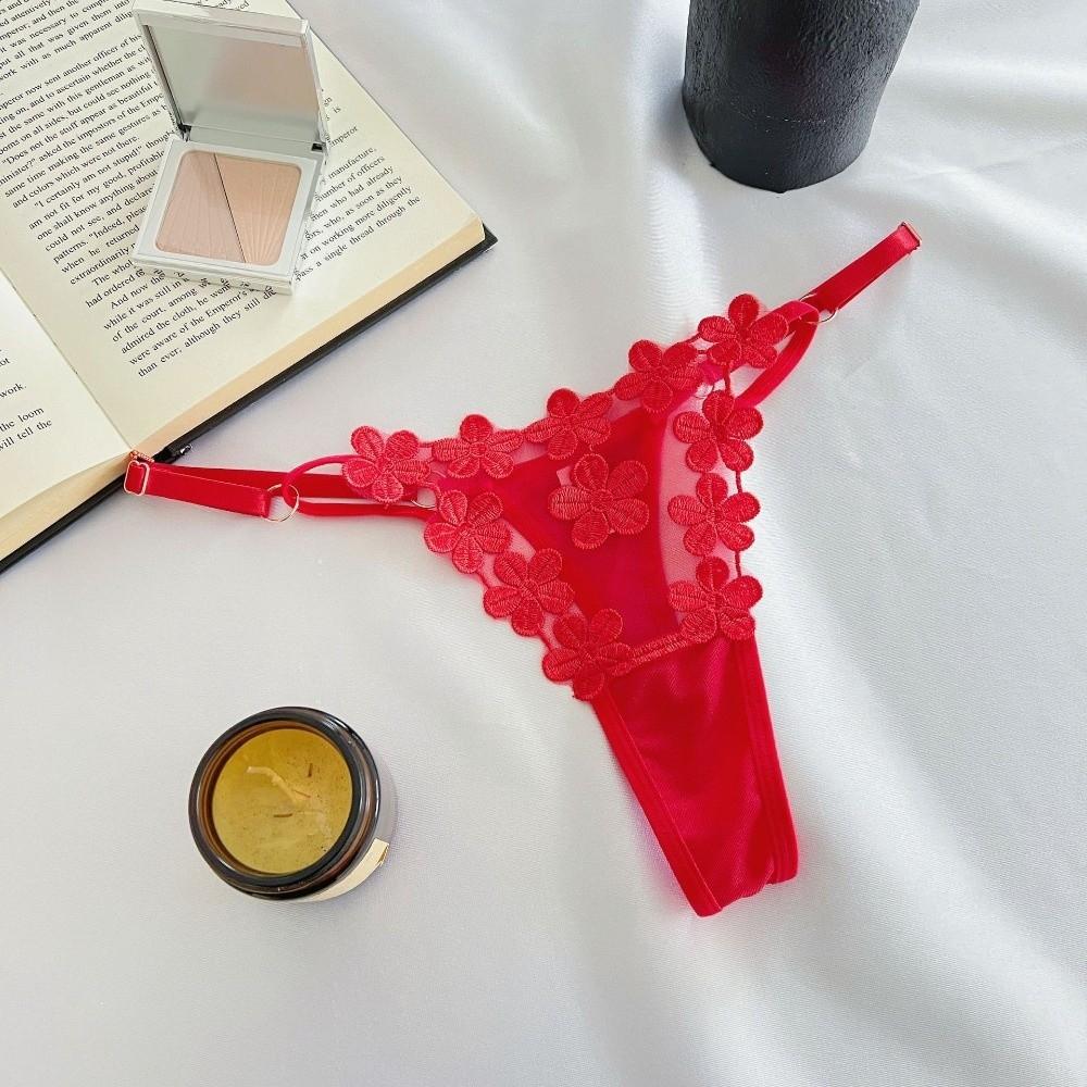 Low Waist Underwear for Women Mesh Hollow Thin Belt Thong Embroidery Floral Panties  Hotel