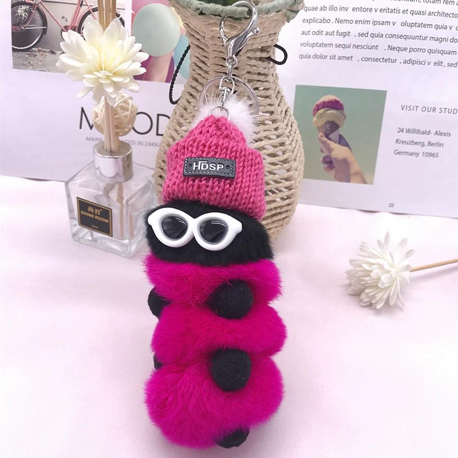 Rex Rabbit Colorful Caterpillar Plush Bag Pendant Keychain Creative Cute Female Mink Jewelry Gift