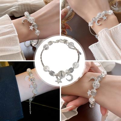 Yousheng Star Moon Charm Bracelet for Women Handmade Alloy Faux Crystal Bracelets with Glass Strings Unique Gift for Her