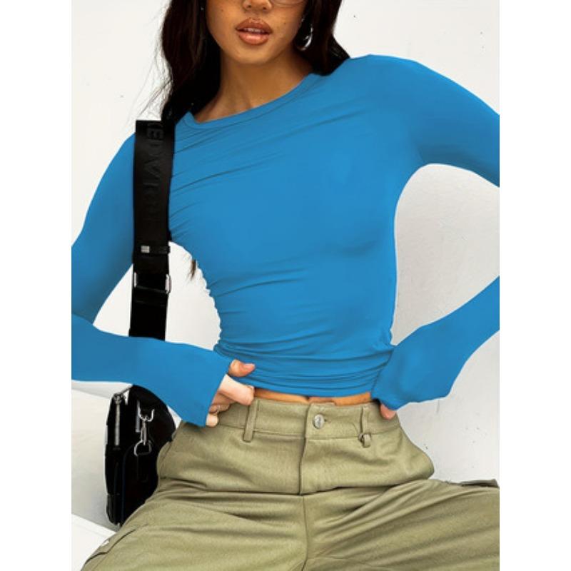 Solid Color Casual Round Neck Long Sleeved T-shirt Top