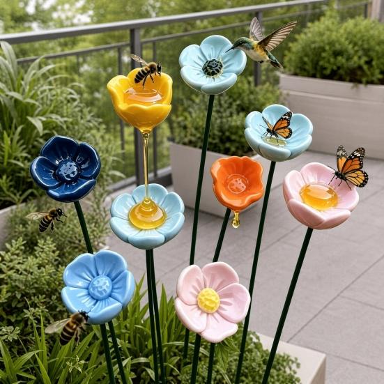 Flower Bird Feeder with Stake, Resin Garden Water Station, Outdoor Bird Bath for Yard, Hanging Floral Ornament