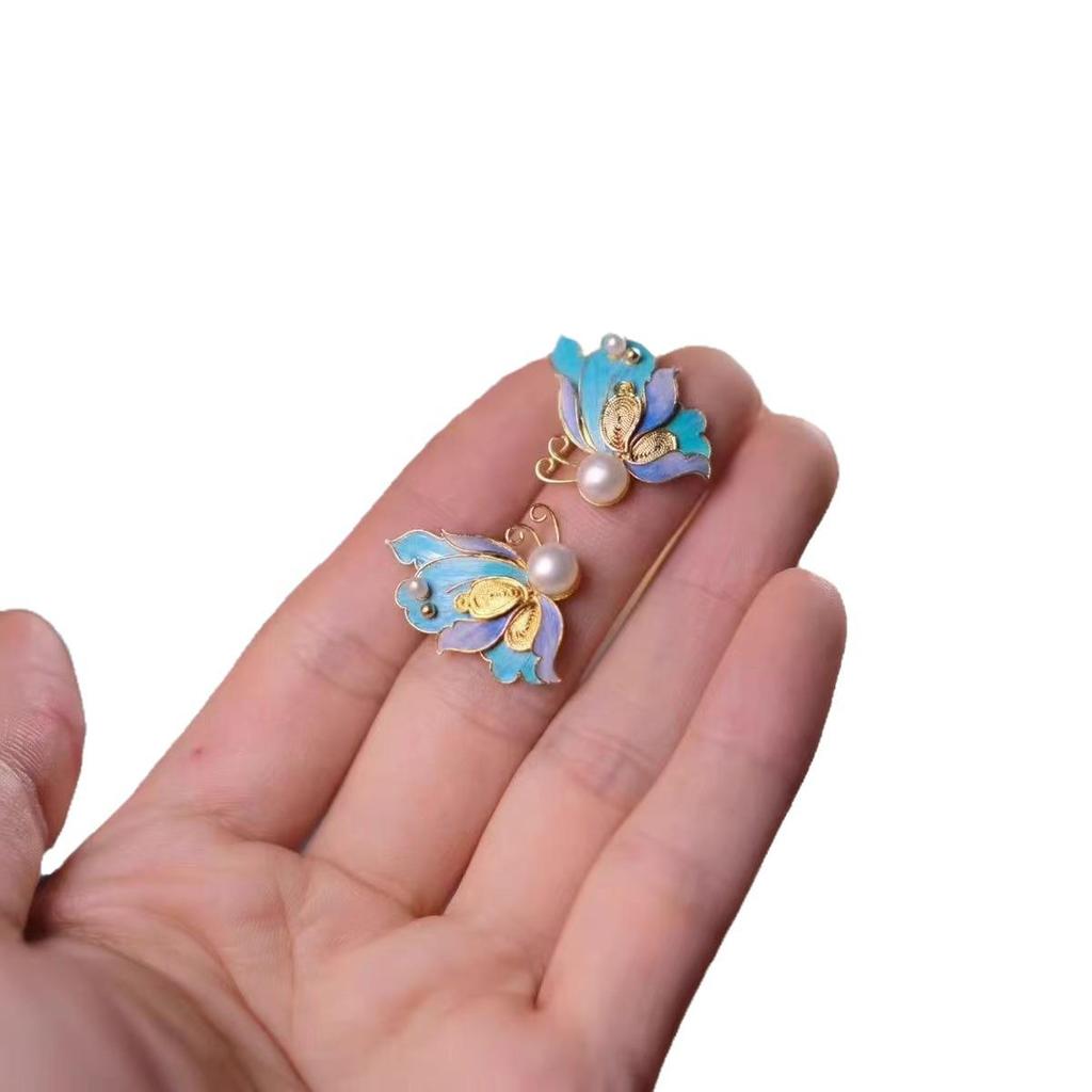 Luxury Court-Style Sterling Silver Filigree Enamel Butterfly Earrings