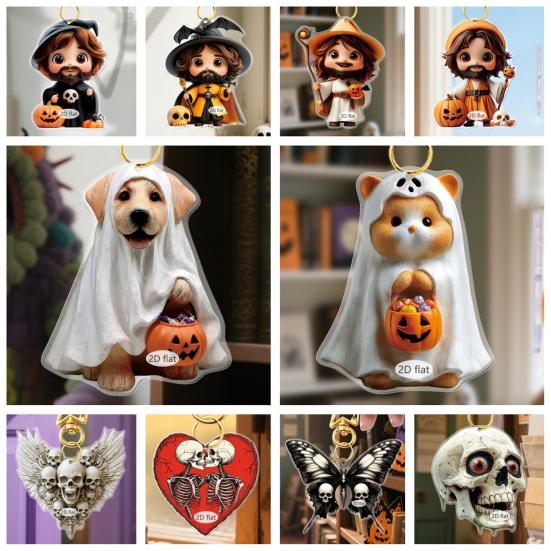 Car Pendant Halloween Series 2D Doll Charm Ghosts Pumpkins Skeletons Festive Car Ornament Auto Rearview Mirror Decoration