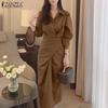 ZANZEA Women Casual Turn Down Collar Elegant Long Sleeve Long Dress