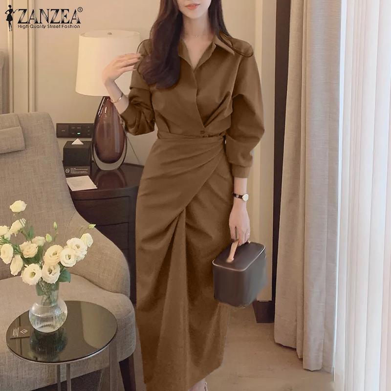 ZANZEA Women Casual Turn Down Collar Elegant Long Sleeve Long Dress