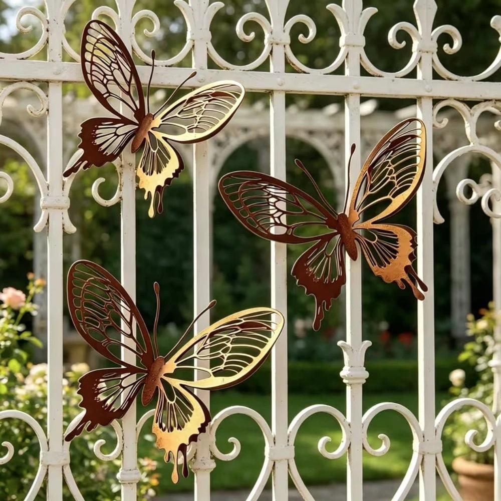 1/3PCS Hollow Double Layer Rusty Butterfly Wall Hanging Butterfly Garden Decor Patio