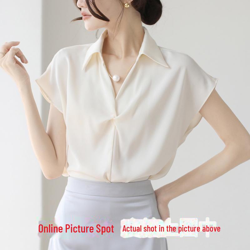 Camicia da donna estiva 2025 in stile francese a maniche corte con design a catena di perle ritorte