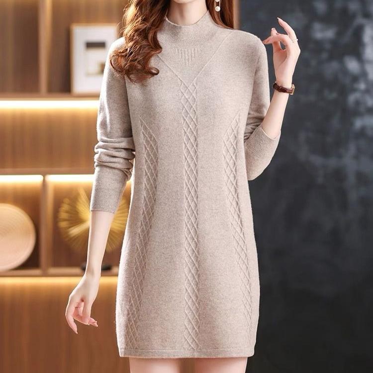 Mid-length Sweater for Women In Autumn and Winter Thickened Long-sleeved Pullover and A Solid-color Casual Knitted Sweater Dress